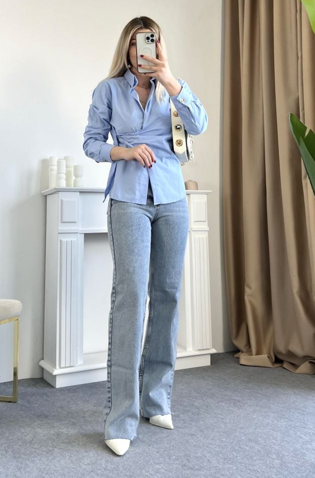 Buz Mavi Wide Leg Kalıp Jean Pantolon