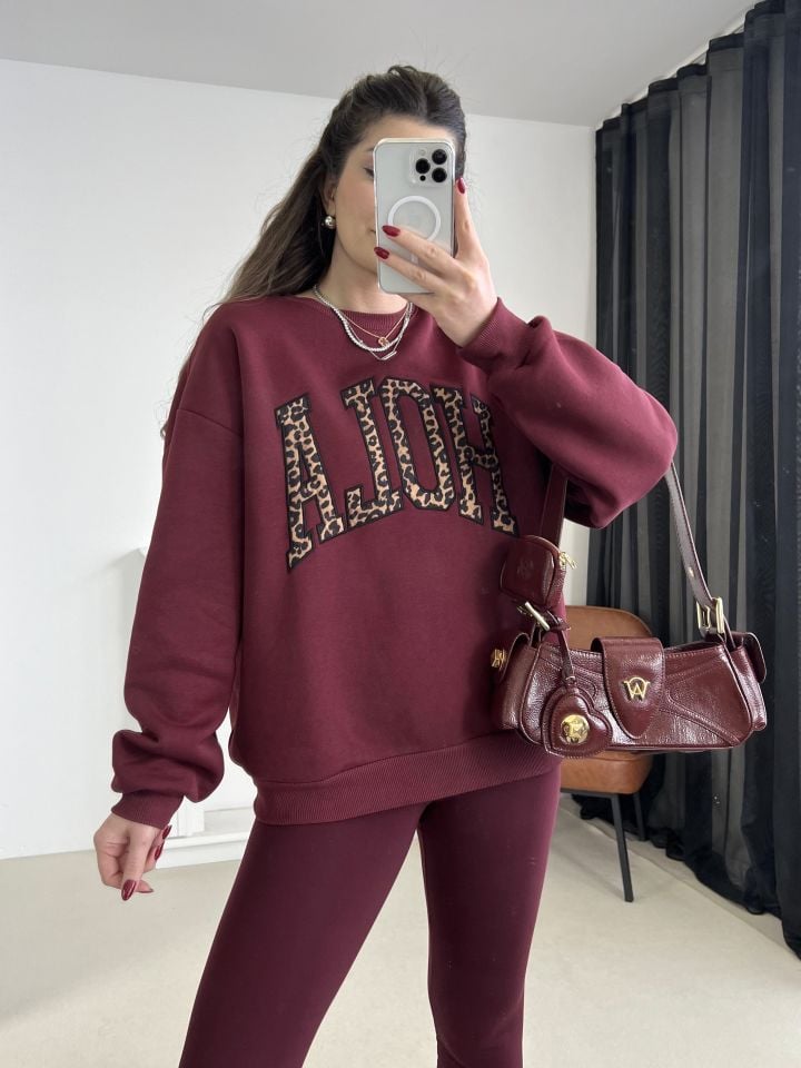 Bordo Leopar Nakışlı Oversize Sweatshirt