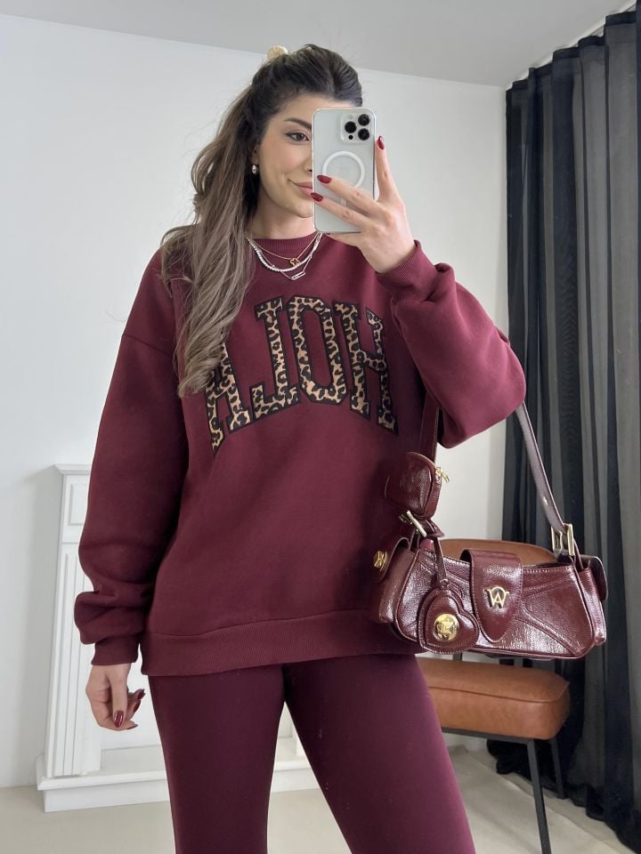 Bordo Leopar Nakışlı Oversize Sweatshirt