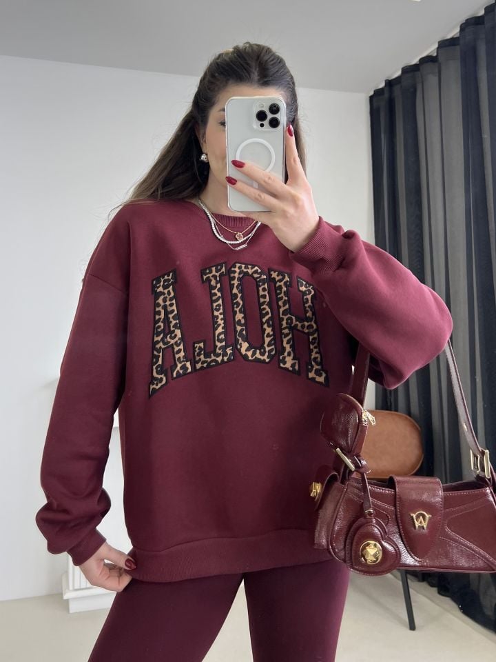 Bordo Leopar Nakışlı Oversize Sweatshirt