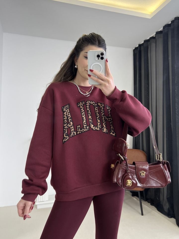 Bordo Leopar Nakışlı Oversize Sweatshirt