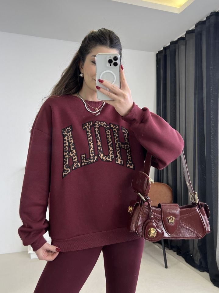 Bordo Leopar Nakışlı Oversize Sweatshirt