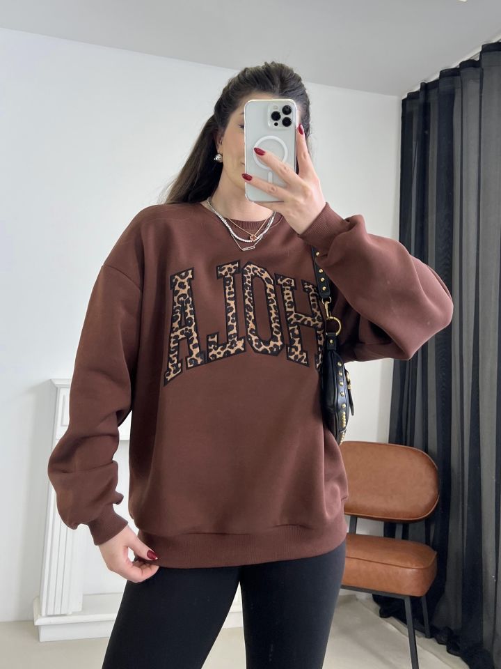 Acı Kahve Leopar Nakışlı Oversize Sweatshirt