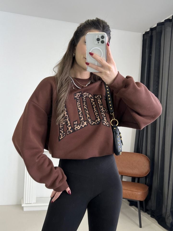 Acı Kahve Leopar Nakışlı Oversize Sweatshirt