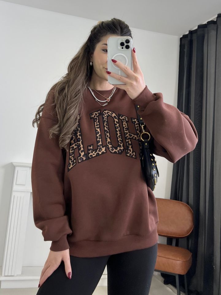 Acı Kahve Leopar Nakışlı Oversize Sweatshirt