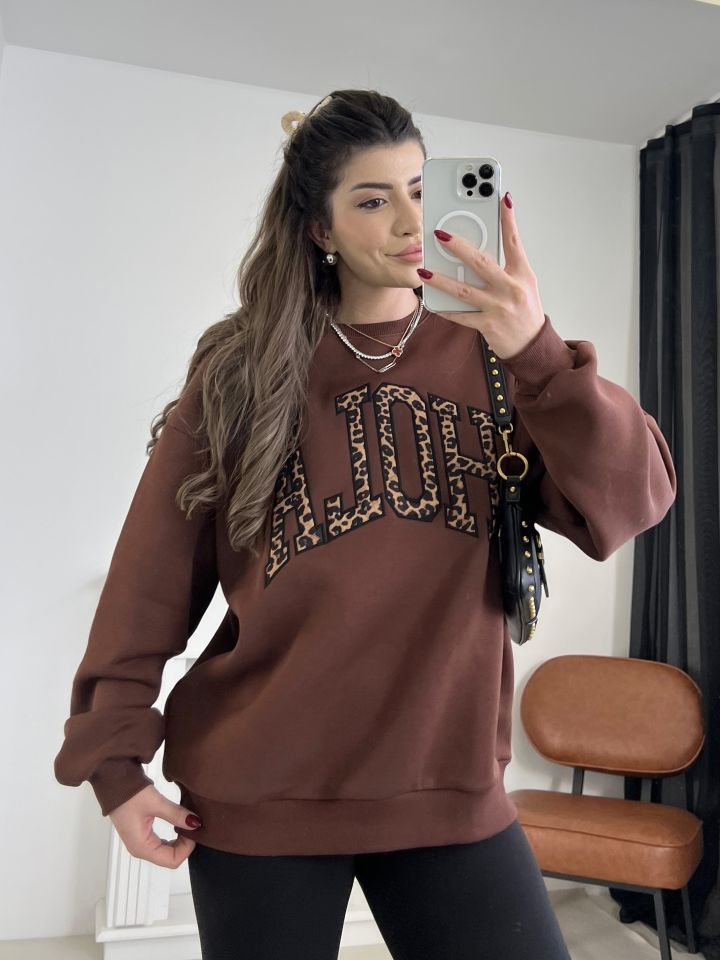 Acı Kahve Leopar Nakışlı Oversize Sweatshirt