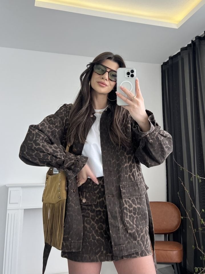 Leopar Desen Kuşaklı Jean Ceket