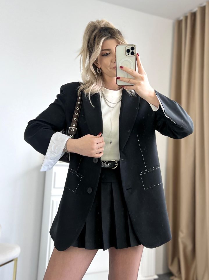 Siyah Spor Dikiş Ve Kol Detay Blazer Ceket