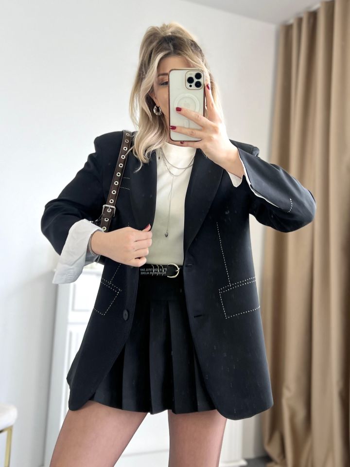 Siyah Spor Dikiş Ve Kol Detay Blazer Ceket