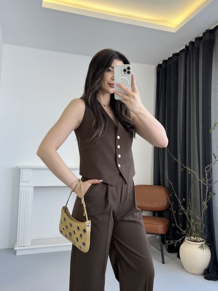 Kahve Premium Yelek Pantolon Takım