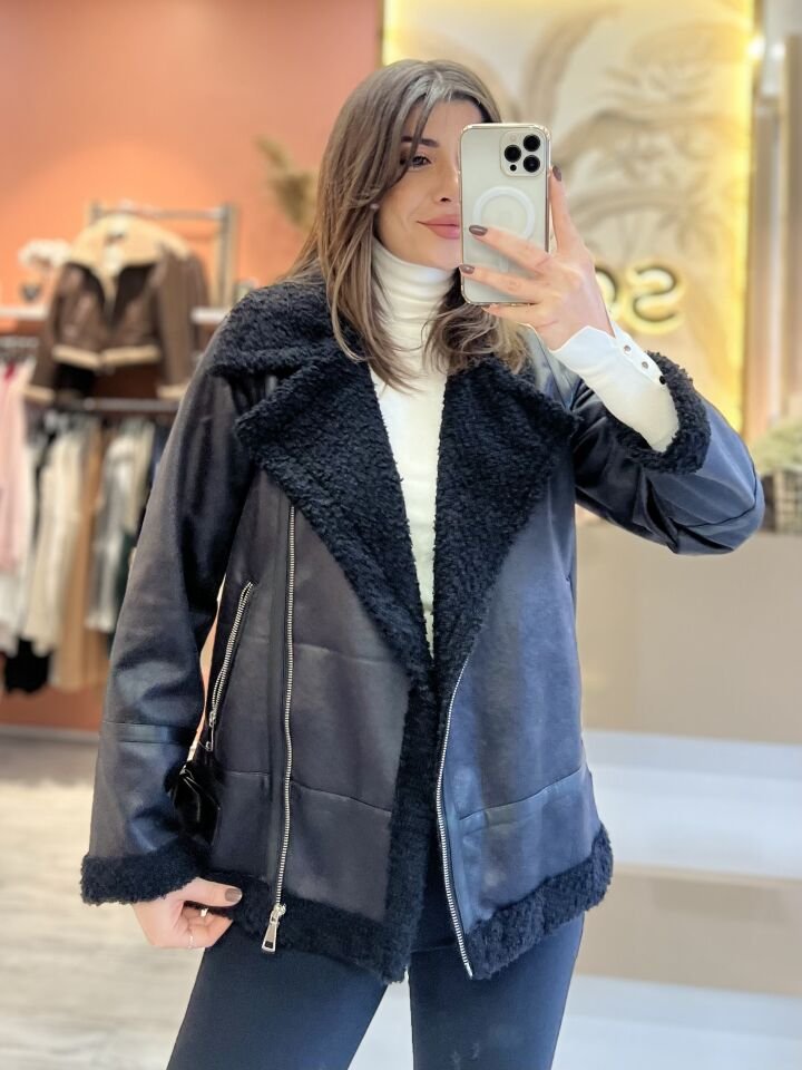 Siyah İçi Kürklü Nubuk Mont