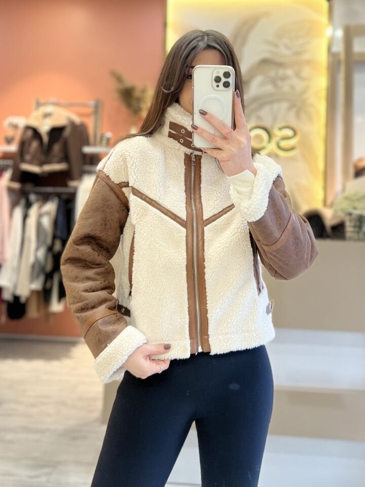 Deri Geçişli Peluş Mont
