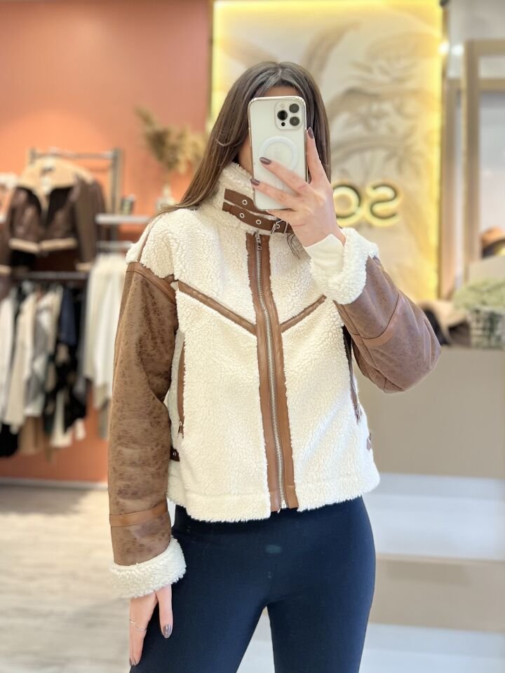 Deri Geçişli Peluş Mont