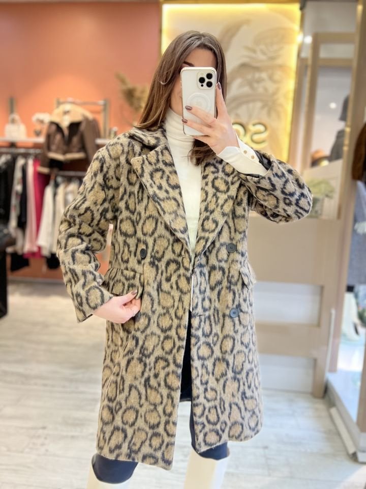 Leopar Desen Kaşe Kaban