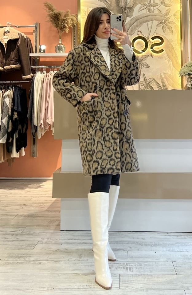 Leopar Desen Kaşe Kaban