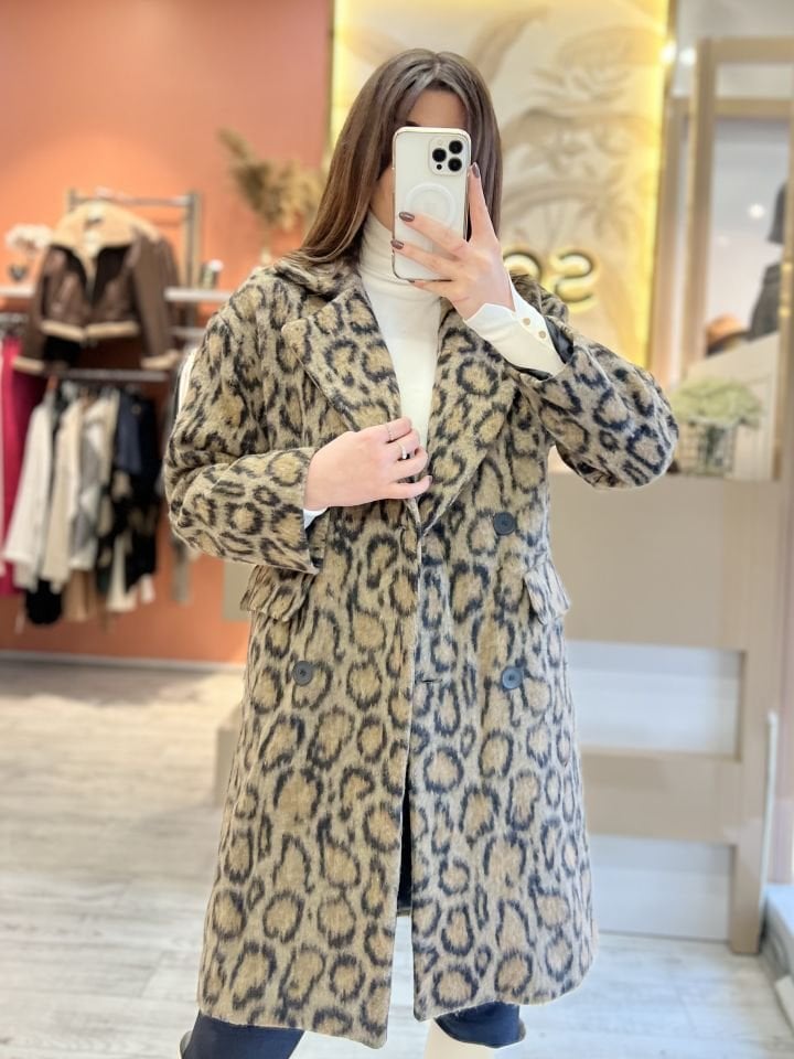 Leopar Desen Kaşe Kaban