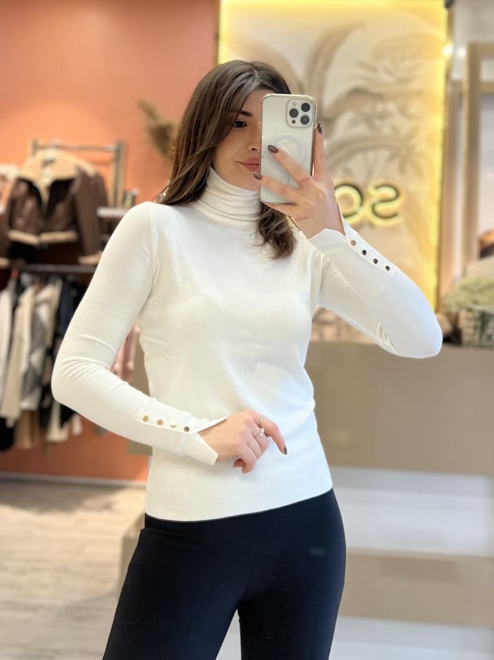 Ekru Gold Düğme Detay Tam Balıkçı Body