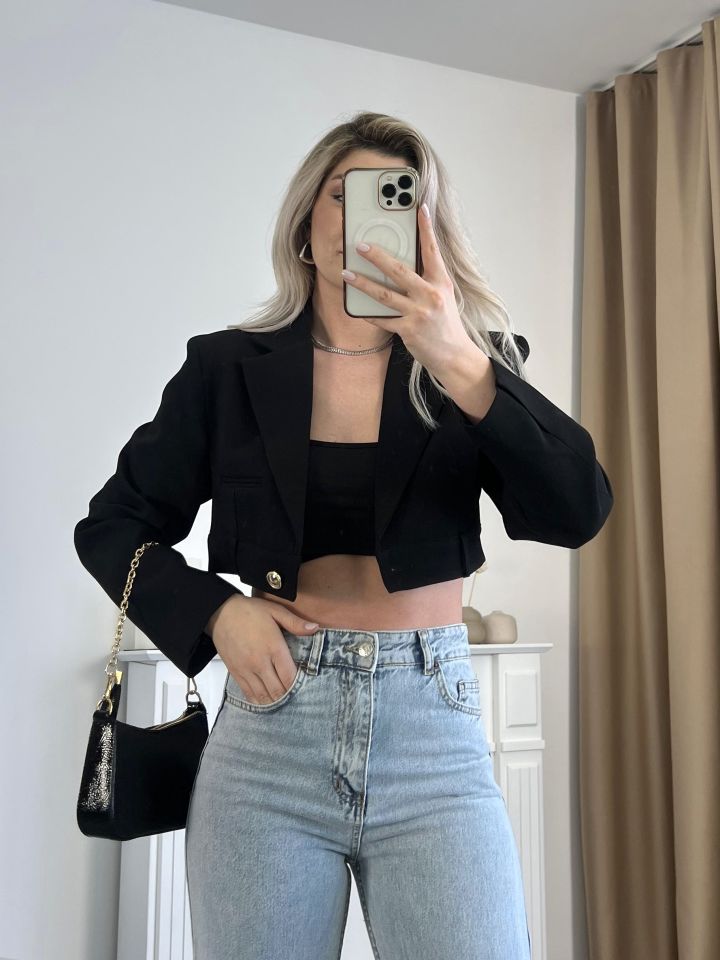 Düğme Detay Crop Ceket