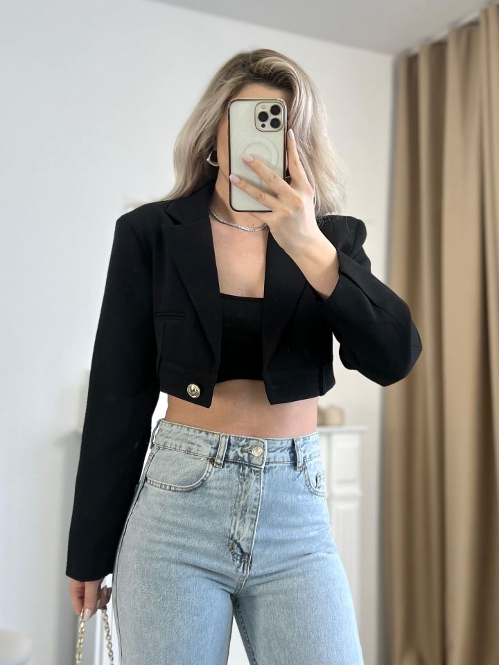 Düğme Detay Crop Ceket