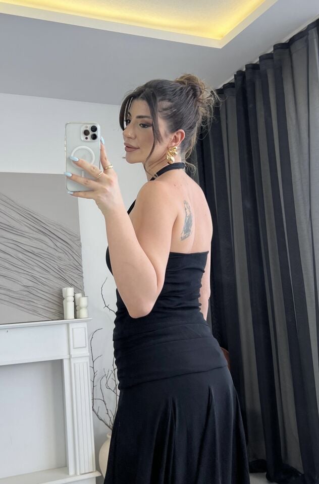 Boyundan Geçmeli Siyah Fitilli Bluz
