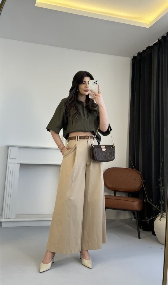 Oversize Cep Detaylı Haki gömlek