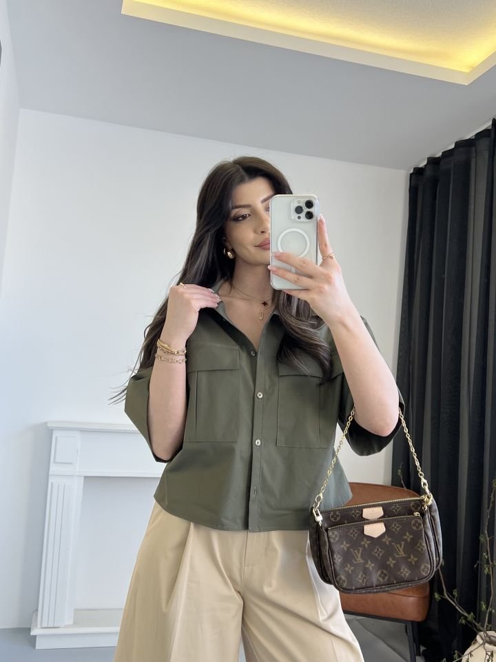 Oversize Cep Detaylı Haki gömlek