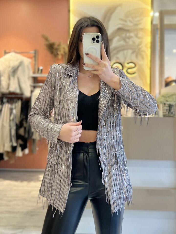 Gri Püskül Payet Detay Blazer Ceket
