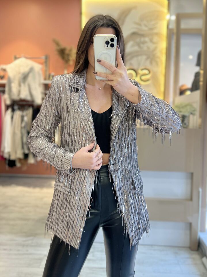 Gri Püskül Payet Detay Blazer Ceket