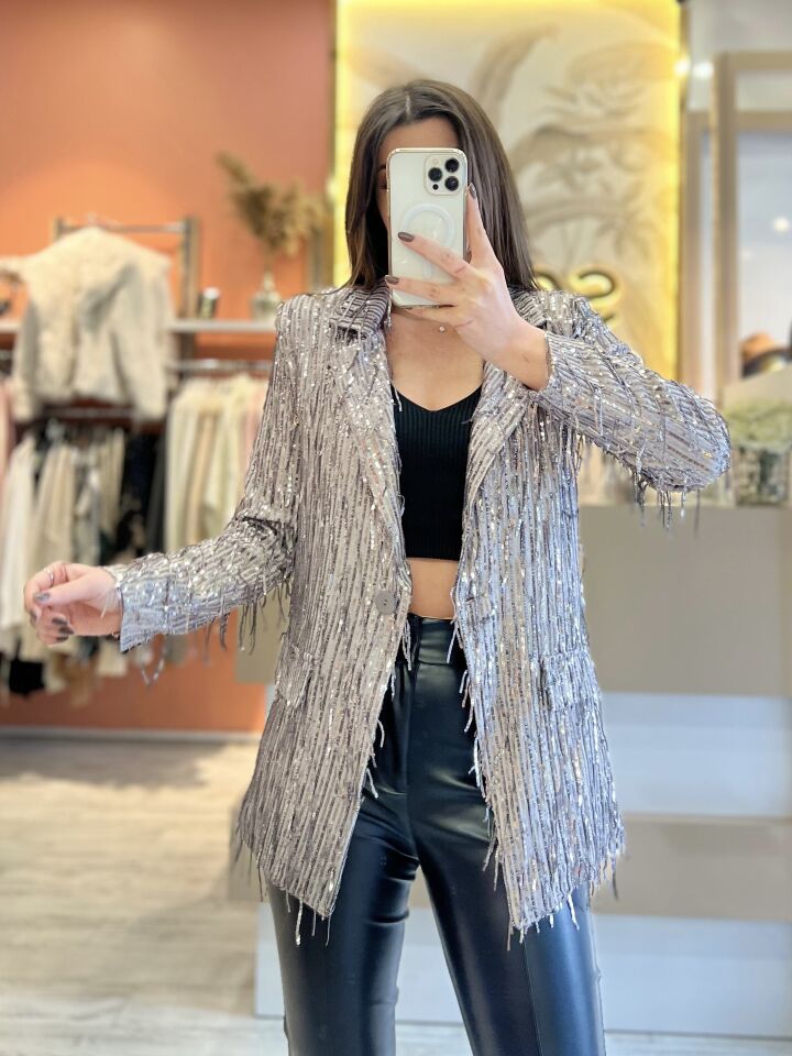 Gri Püskül Payet Detay Blazer Ceket