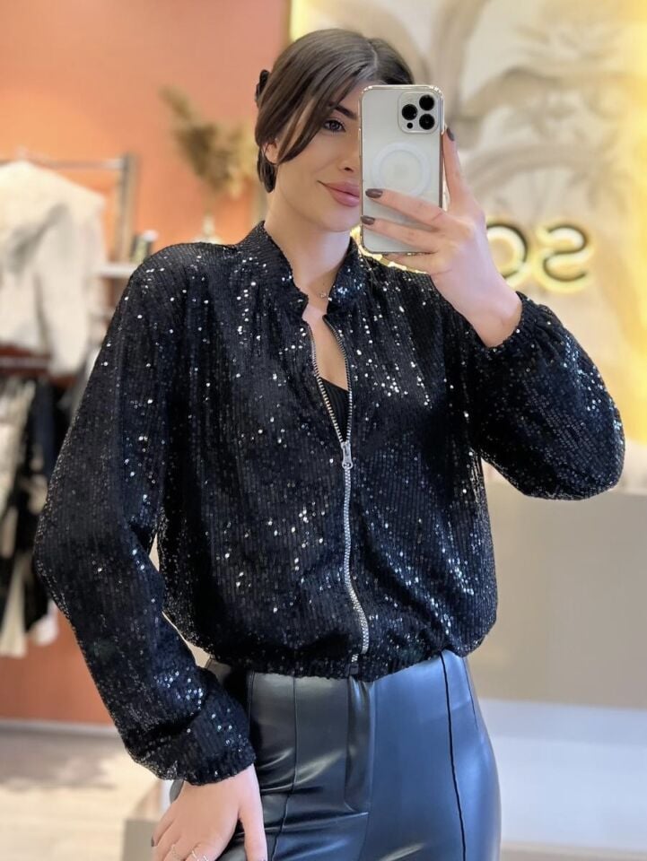 Siyah Payetli Bomber Ceket