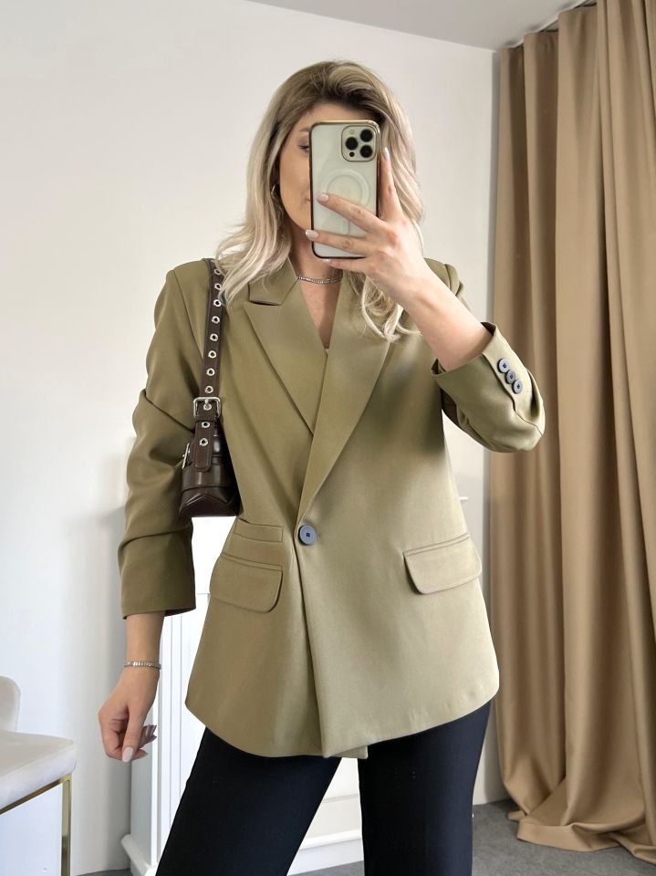 Haki Tek Düğme Kruvaze Blazer Ceket