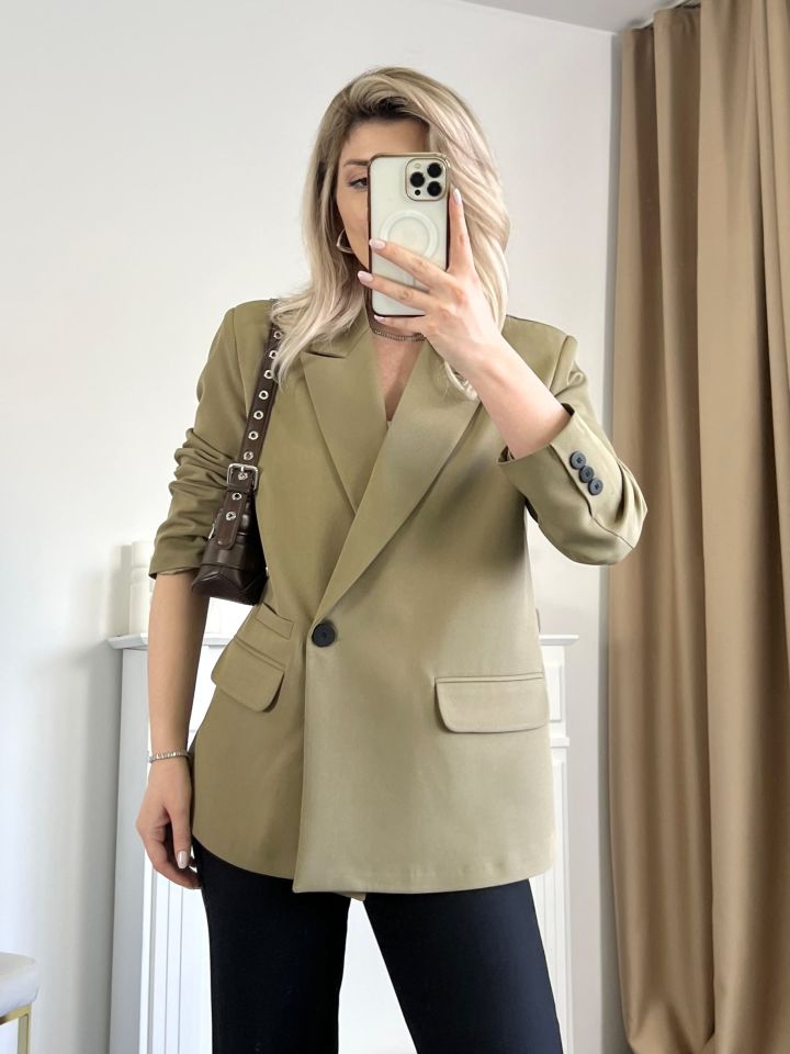 Haki Tek Düğme Kruvaze Blazer Ceket