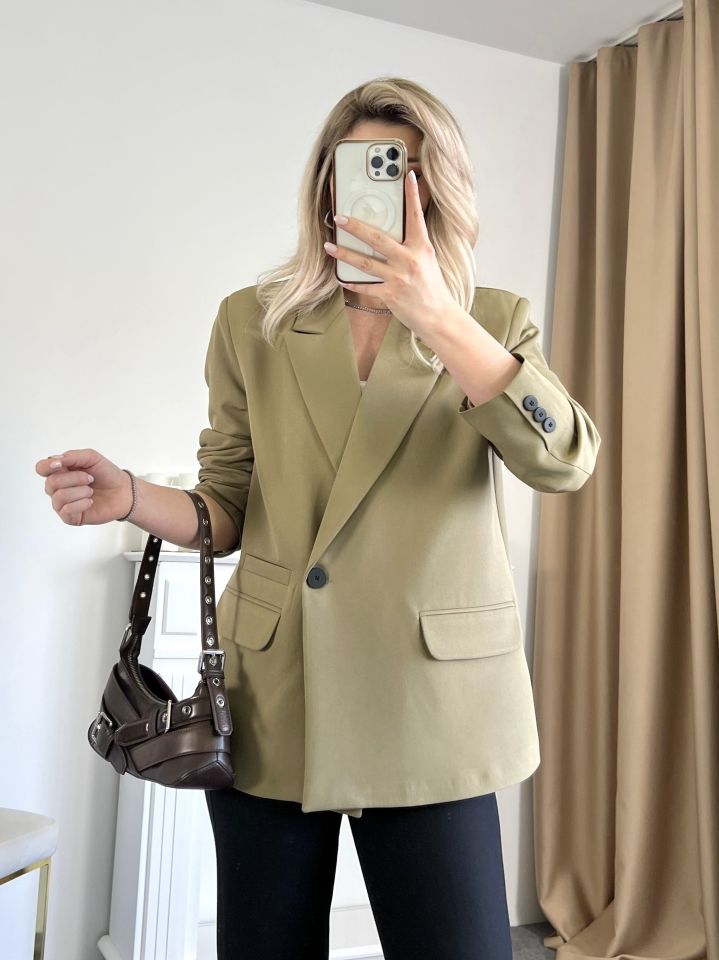 Haki Tek Düğme Kruvaze Blazer Ceket