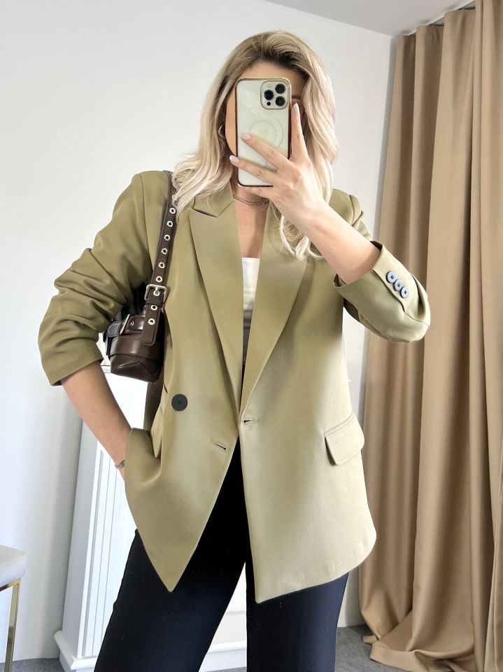 Haki Tek Düğme Kruvaze Blazer Ceket