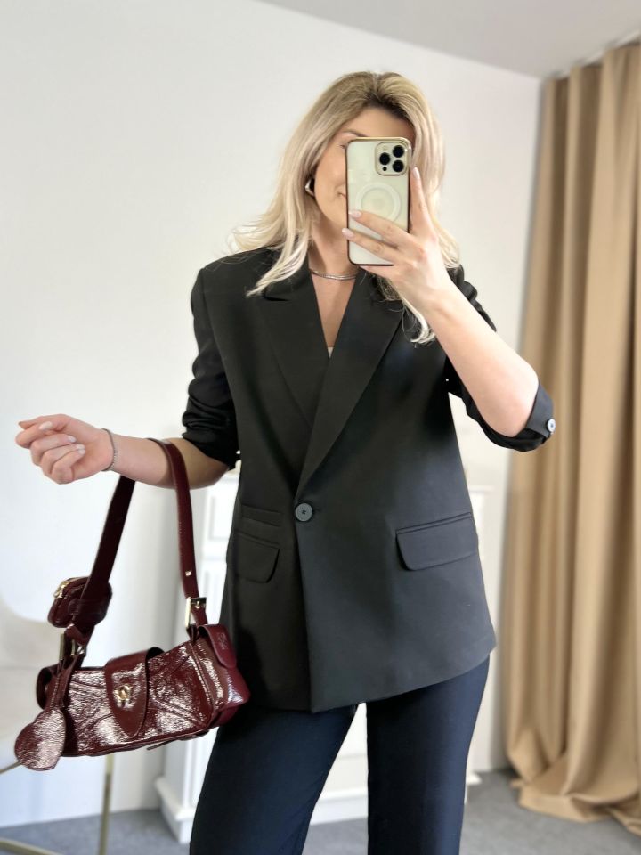 Siyah Tek Düğme Kruvaze Blazer Ceket