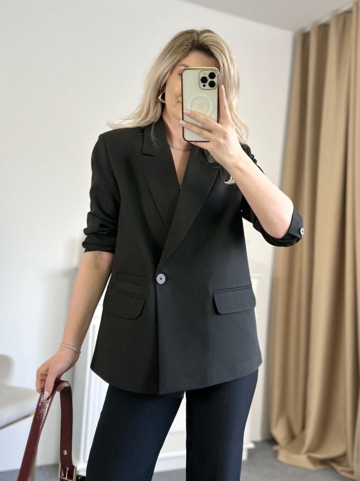 Siyah Tek Düğme Kruvaze Blazer Ceket