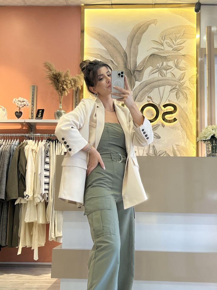 Krem Oversize Blazer Ceket