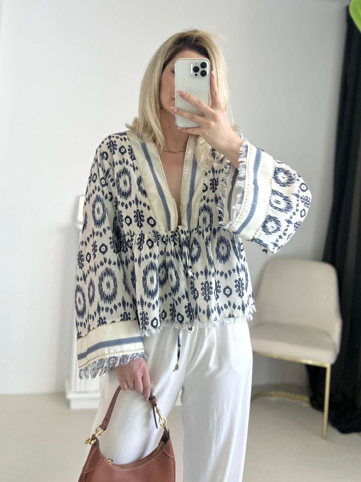 Boncuk İşlemeli Püskül Detay Desenli Kimono