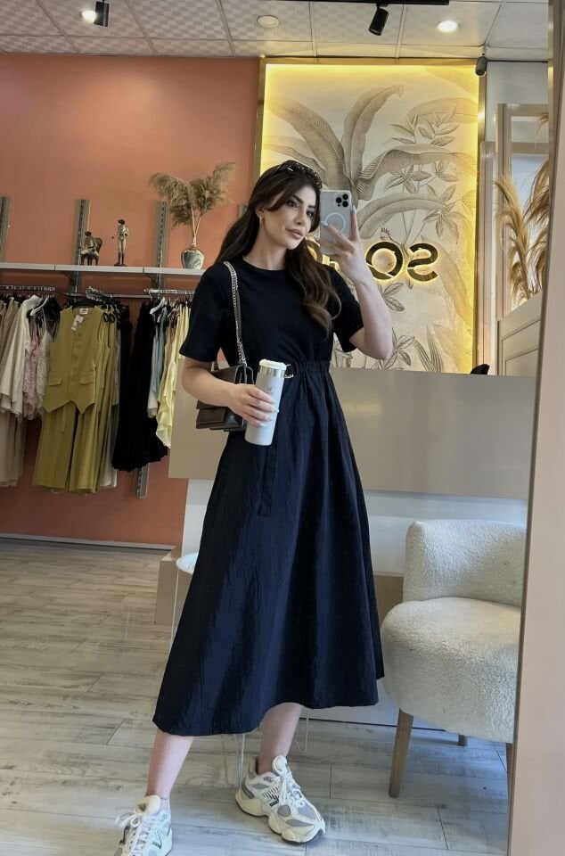 Paraşüt Kumaş Mix Kemerli Elbise