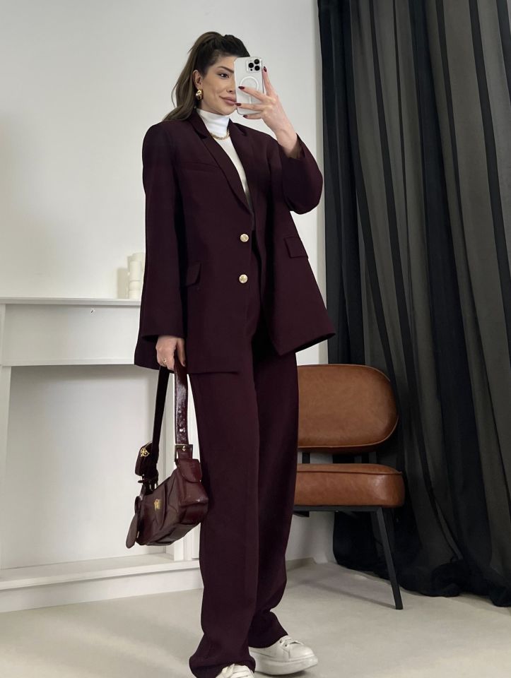 Bordo Gold Düğme Detay Blazer Ceket Pantolon Takım