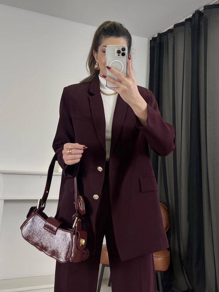 Bordo Gold Düğme Detay Blazer Ceket Pantolon Takım