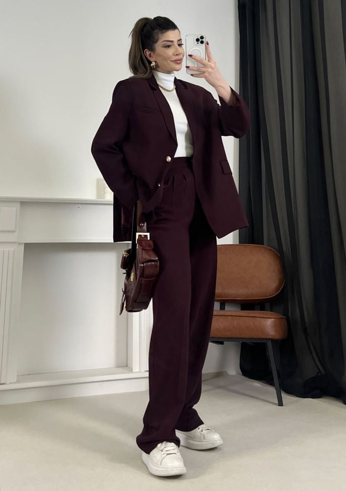 Bordo Gold Düğme Detay Blazer Ceket Pantolon Takım