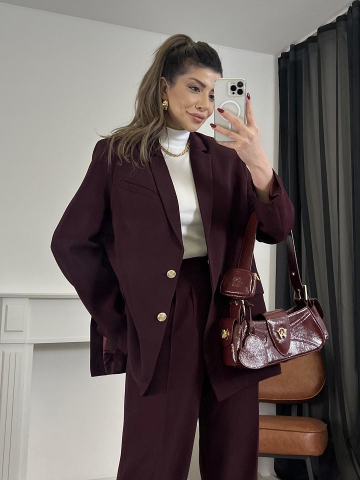 Bordo Gold Düğme Detay Blazer Ceket Pantolon Takım