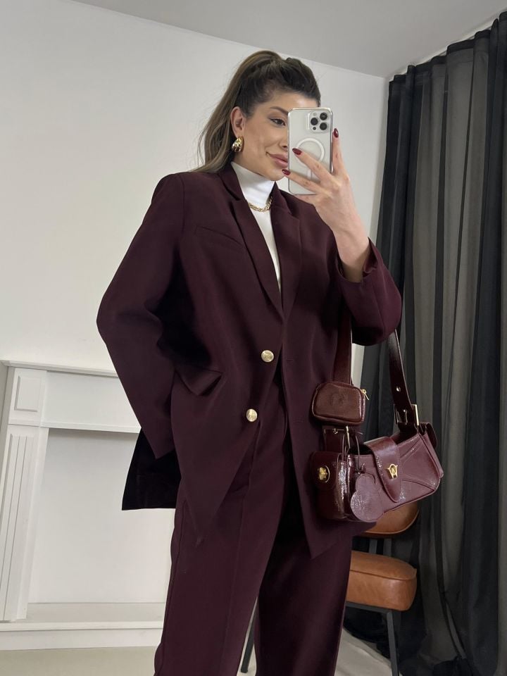 Bordo Gold Düğme Detay Blazer Ceket Pantolon Takım