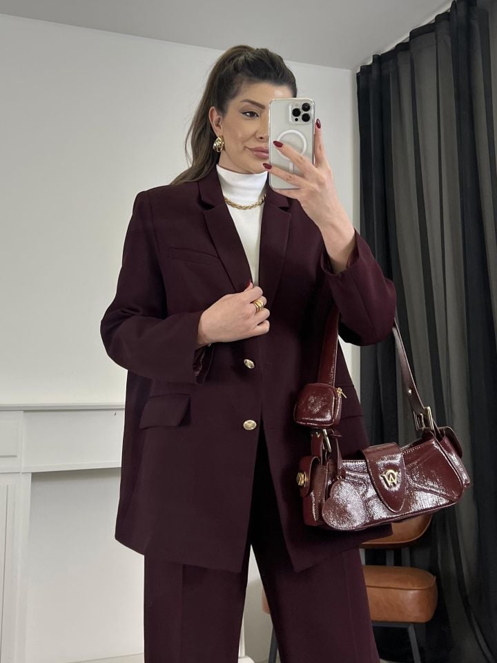 Bordo Gold Düğme Detay Blazer Ceket Pantolon Takım