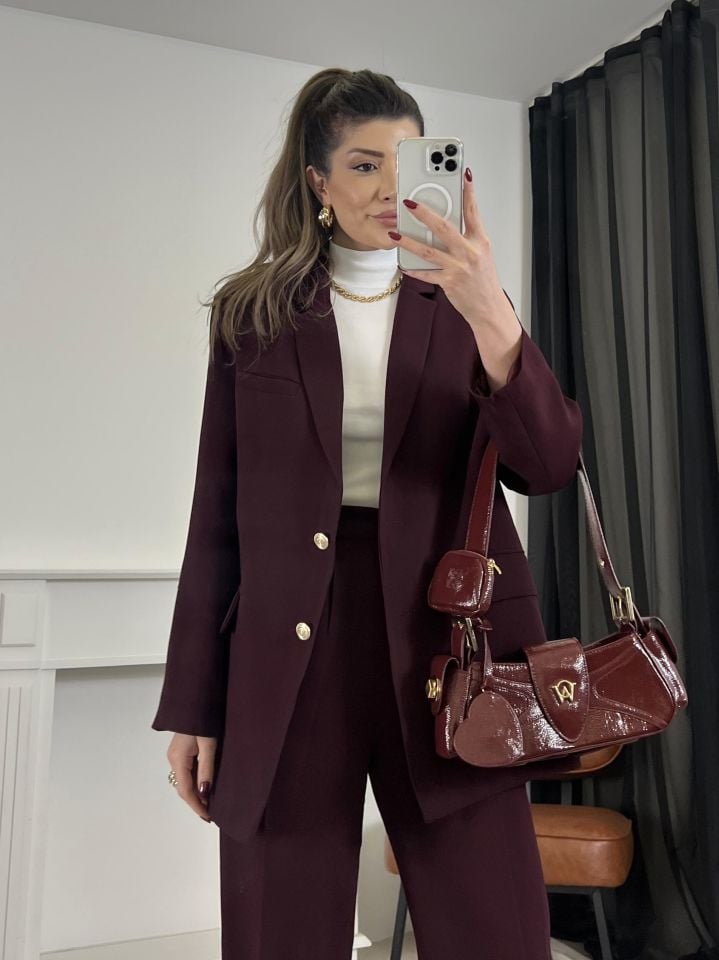 Bordo Gold Düğme Detay Blazer Ceket Pantolon Takım