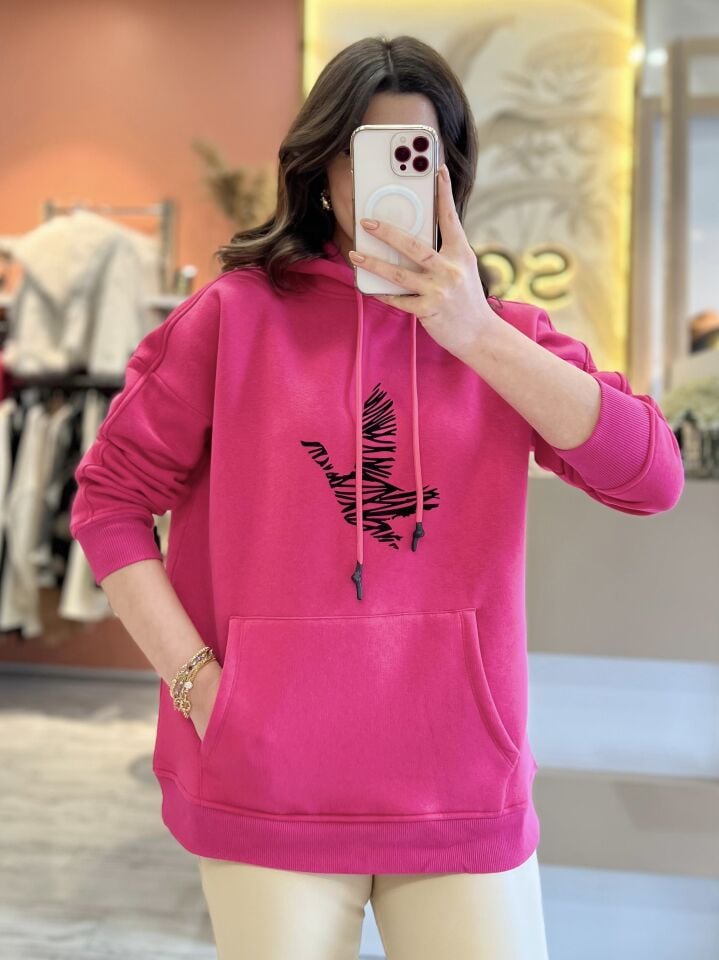 Pembe Kapüşonlu Logolu Sweatshirt