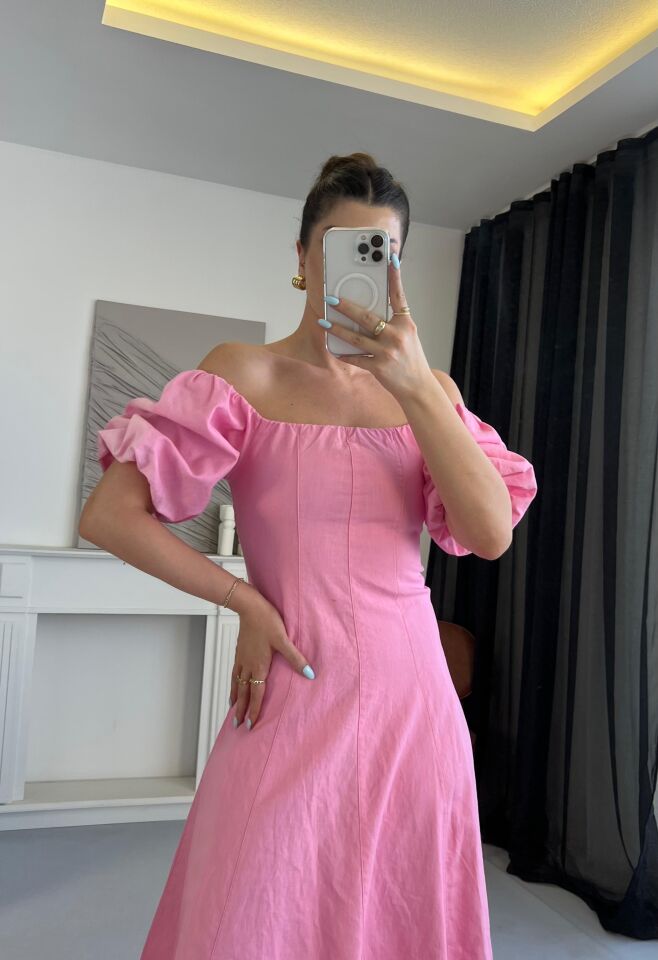 Balon Kol Madonna Yaka Pembe Elbise