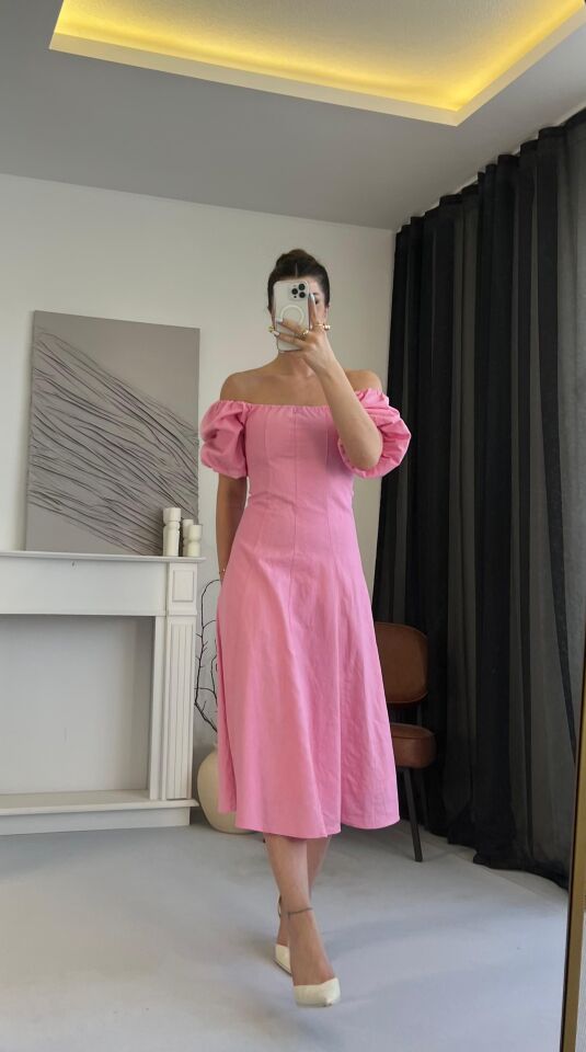 Balon Kol Madonna Yaka Pembe Elbise