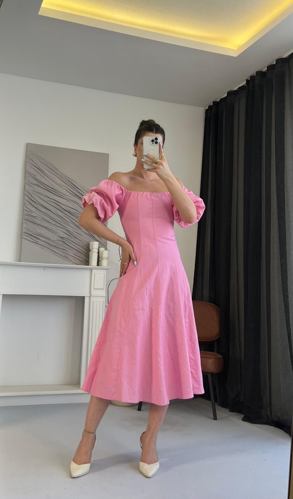 Balon Kol Madonna Yaka Pembe Elbise